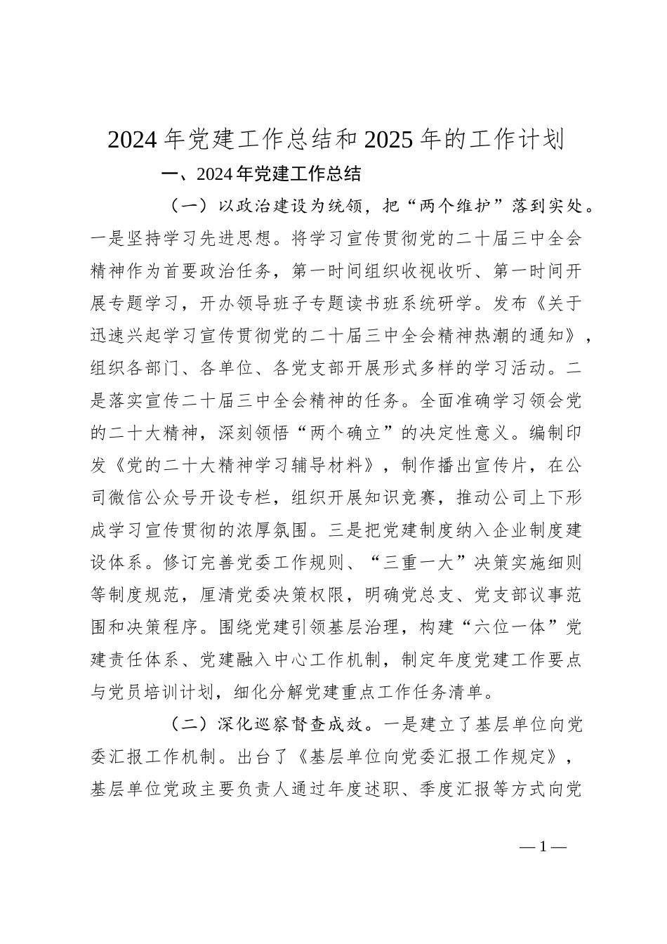 2024年党建工作总结和2025年的工作计划_第1页