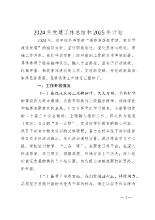 2024年党建工作总结和2025年计划