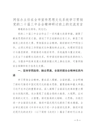 网信办主任在全市宣传思想文化系统学习贯彻党的二十届三中全会精神研讨班上的交流发言