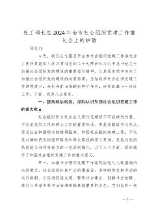 社工部长在2024年全市社会组织党建工作推进会上的讲话