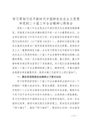 学习贯彻总书记新时代中国特色社会主义思想和党的二十届三中全会精神心得体会