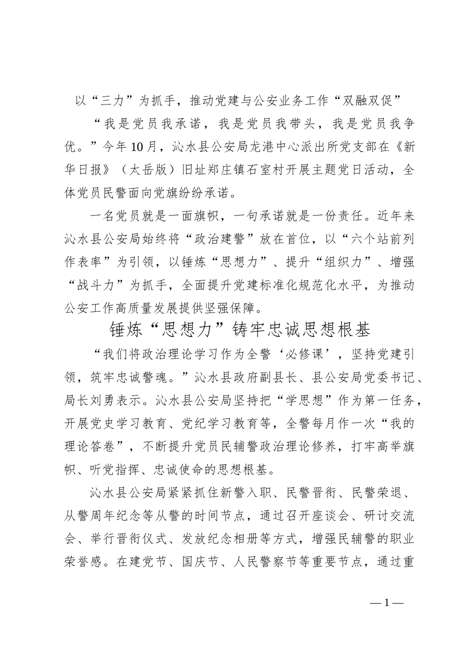 以“三力”为抓手，推动党建与公安业务工作“双融双促”_第1页