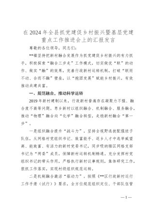 在2024年全县抓党建促乡村振兴暨基层党建重点工作推进会上的汇报发言