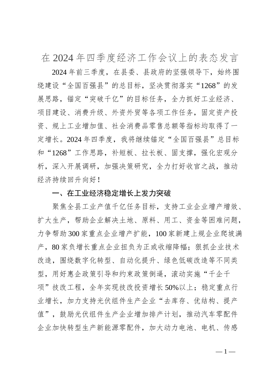 在2024年四季度经济工作会议上的表态发言_第1页