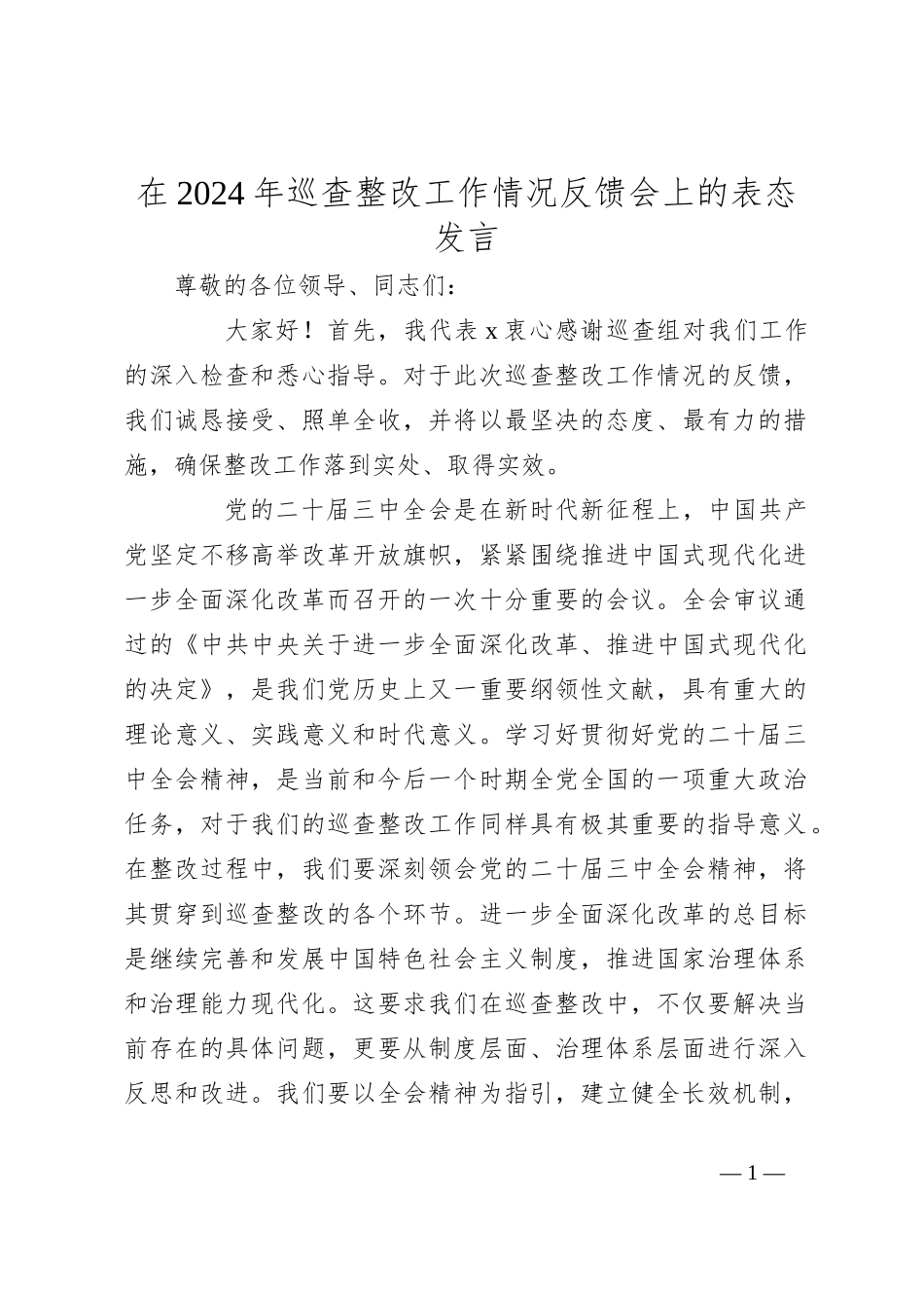 在2024年巡查整改工作情况反馈会上的表态发言_第1页