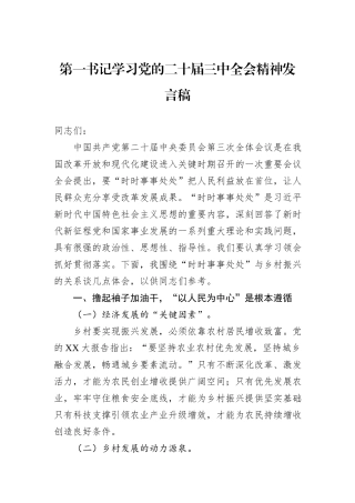 第一书记学习党的二十届三中全会精神发言稿