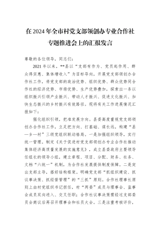 在2024年全市村党支部领创办专业合作社专题推进会上的汇报发言