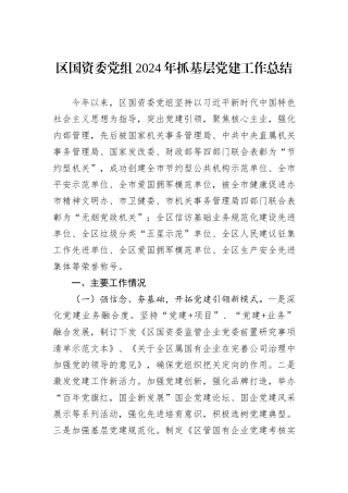 区国资委党组2024年抓基层党建工作总结