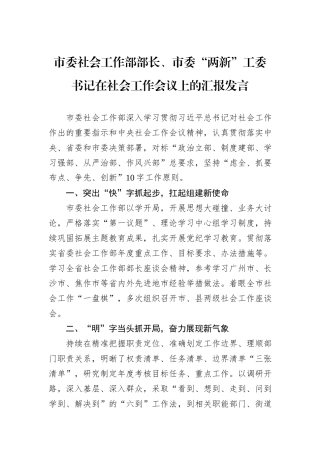 市委社会工作部部长、市委“两新”工委书记在社会工作会议上的汇报发言