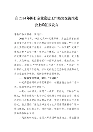 在2024年国有企业党建工作经验交流推进会上的汇报发言