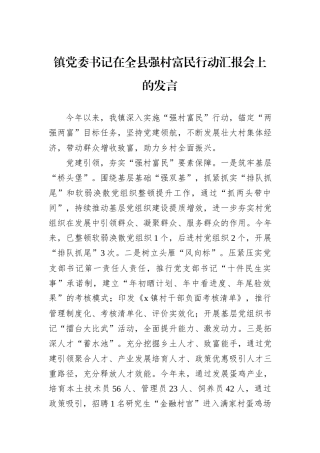 镇党委书记在全县强村富民行动汇报会上的发言