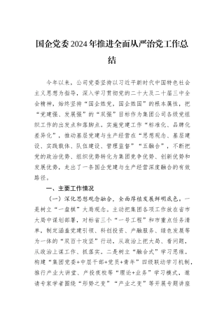 国企党委2024年推进全面从严治党工作总结