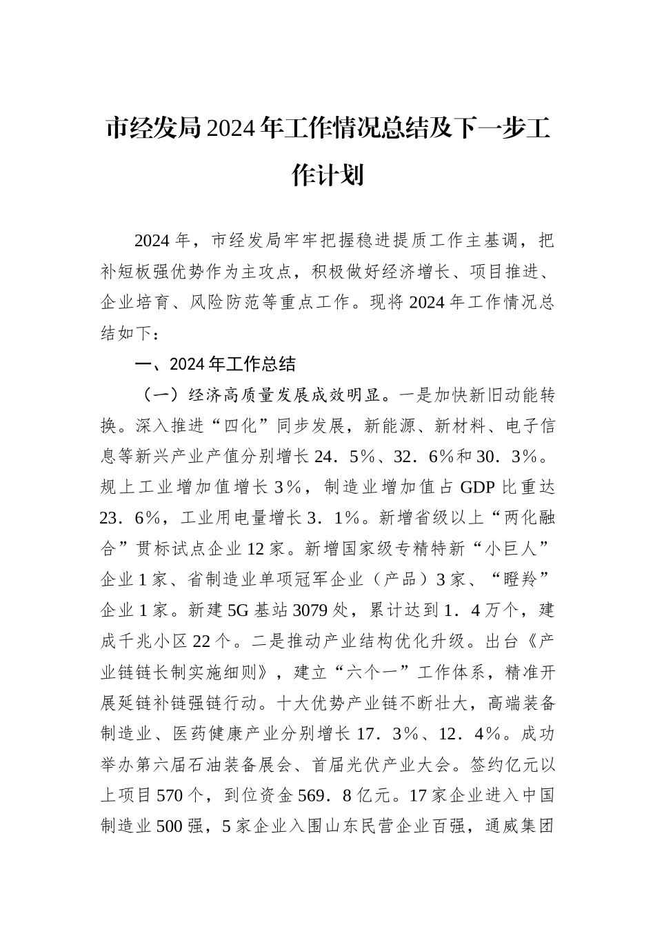 市经发局2024年工作情况总结及下一步工作计划_第1页