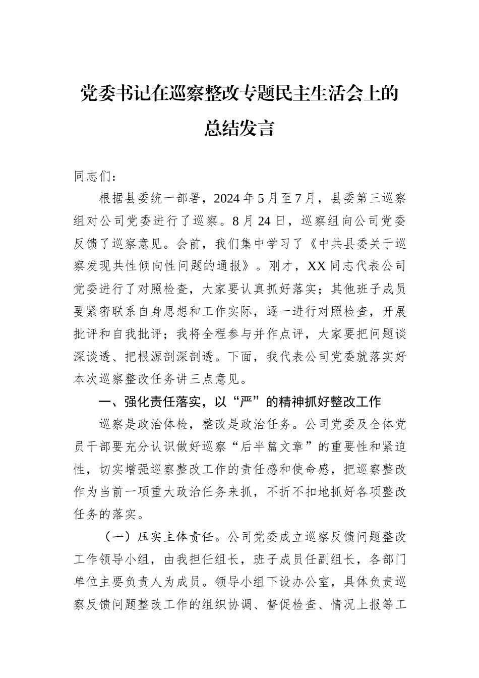 党委书记在巡察整改专题民主生活会上的总结发言_第1页