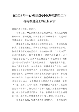 在2024年中心城区居民小区环境整治工作现场推进会上的汇报发言