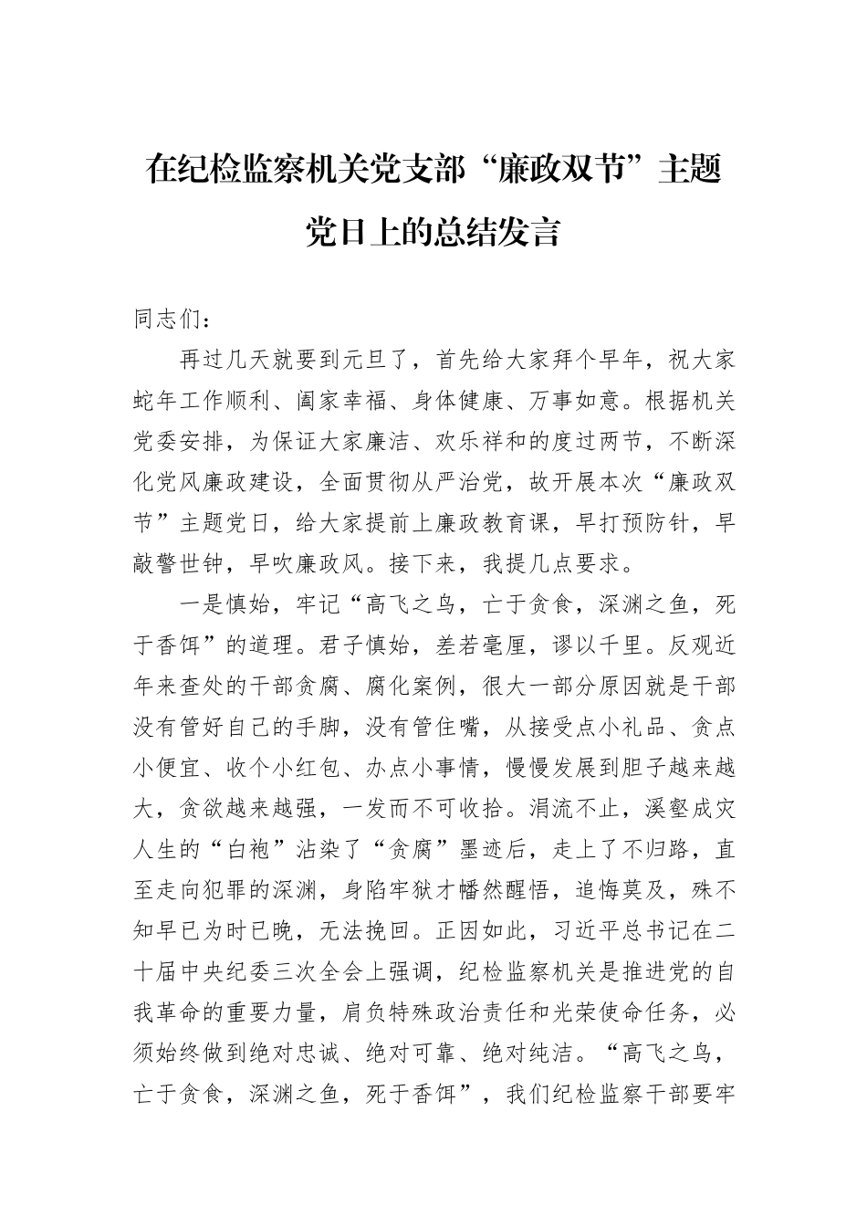 在纪检监察机关党支部“廉政双节”主题党日上的总结发言_第1页
