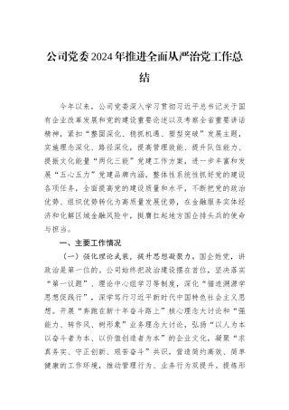 公司党委2024年推进全面从严治党工作总结