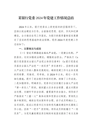 某银行党委2024年党建工作情况总结