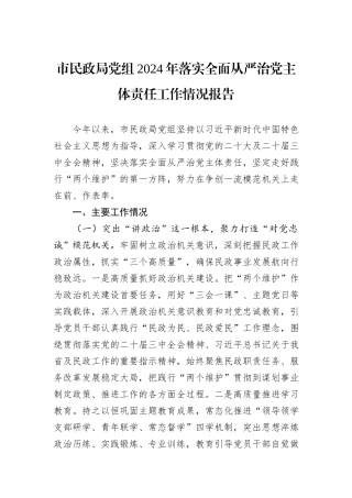 市民政局党组2024年落实全面从严治党主体责任工作情况报告