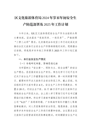 区文化旅游体育局2024年岁末年初安全生产防范部署及2025年工作计划