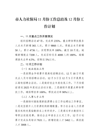 市人力社保局11月份工作总结及12月份工作计划