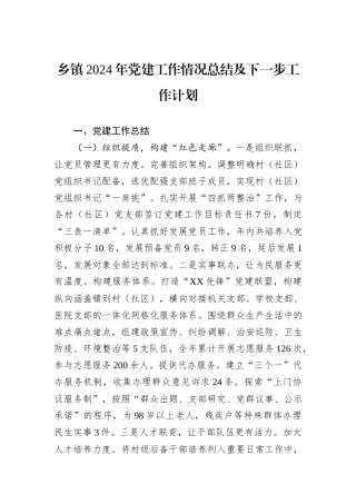 乡镇2024年党建工作情况总结及下一步工作计划