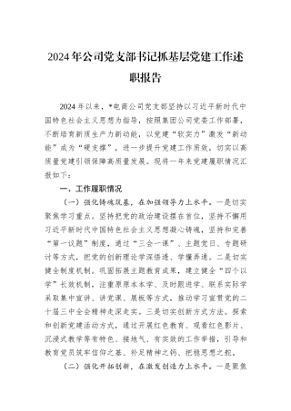 2024年公司党支部书记抓基层党建工作述职报告