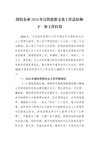 国有企业2024年宣传思想文化工作总结和下一步工作打算