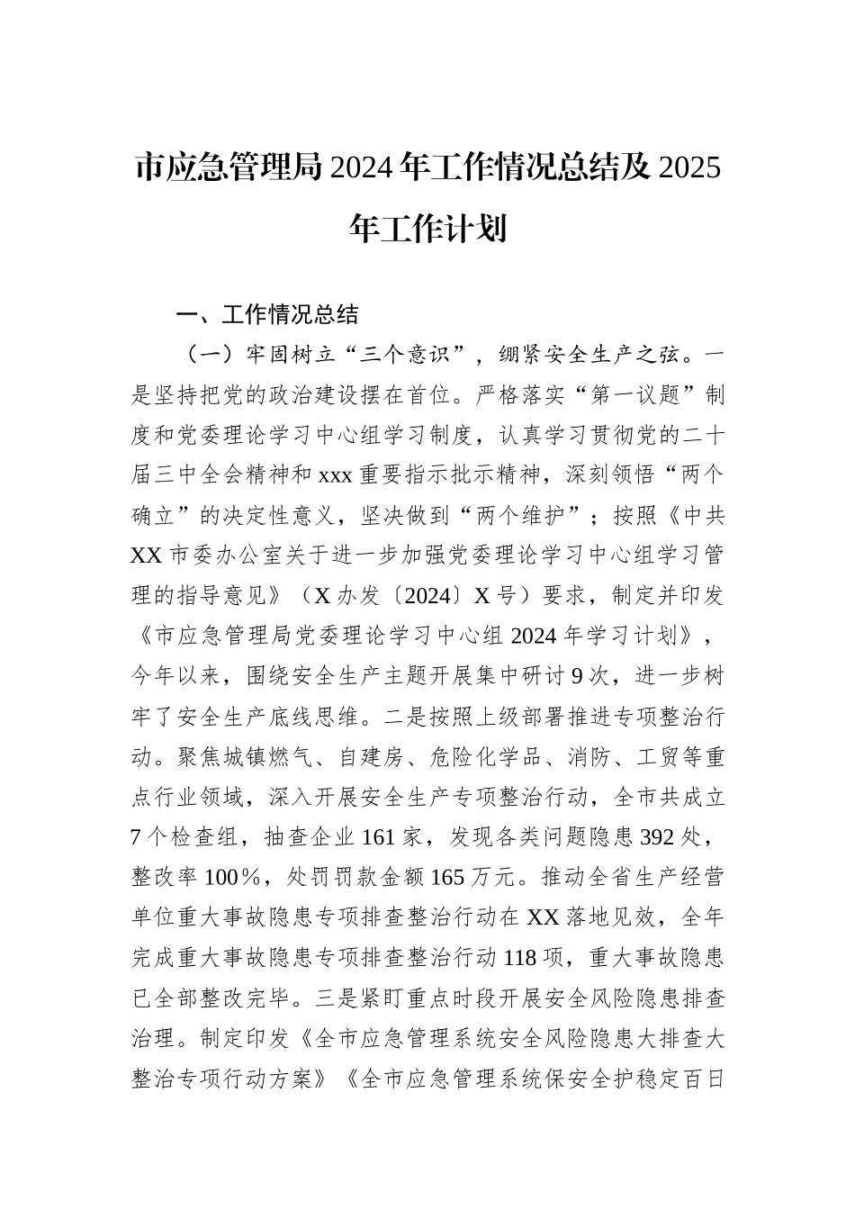 市应急管理局2024年工作情况总结及2025年工作计划_第1页