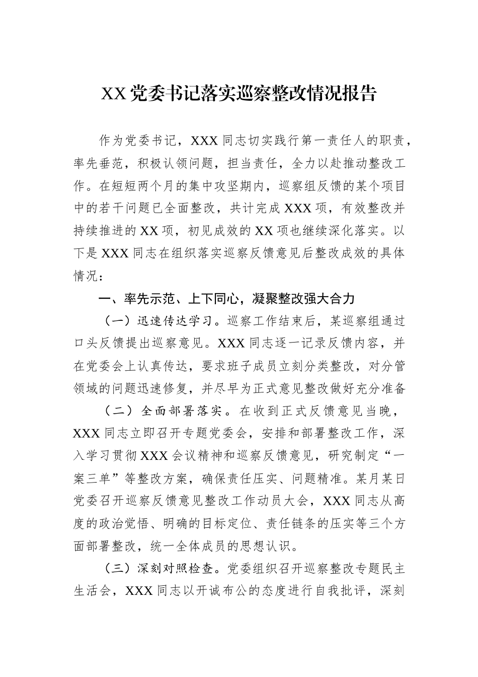 XX党委书记落实巡察整改情况报告_第1页