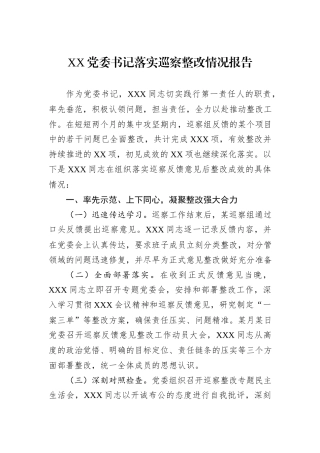 XX党委书记落实巡察整改情况报告