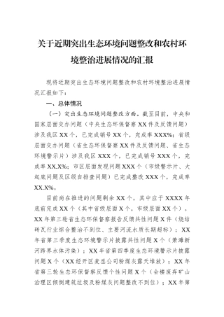 关于近期突出生态环境问题整改和农村环境整治进展情况的汇报