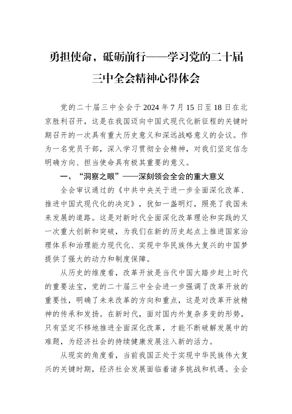 勇担使命，砥砺前行——学习党的二十届三中全会精神心得体会_第1页