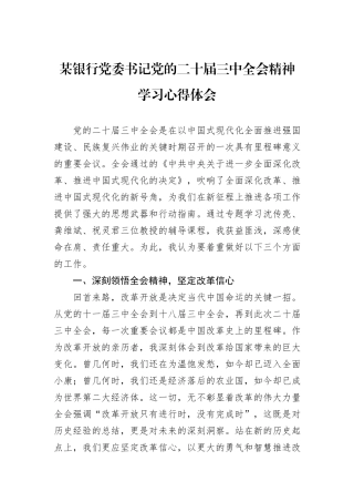 某银行党委书记党的二十届三中全会精神学习心得体会