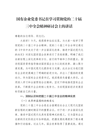 国有企业党委书记在学习贯彻党的二十届三中全会精神研讨会上的讲话