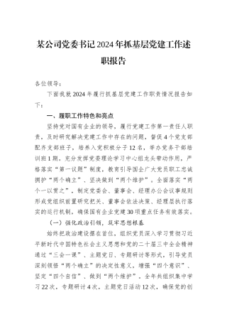 某公司党委书记2024年抓基层党建工作述职报告