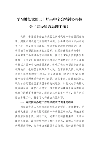 学习贯彻党的二十届三中全会精神心得体会（网民留言办理工作）