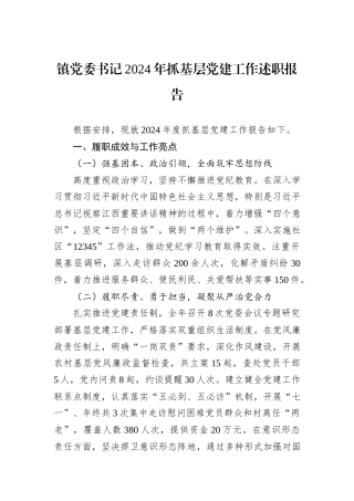 镇党委书记2024年抓基层党建工作述职报告