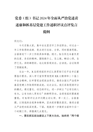 党委（组）书记2024年全面从严治党述责述廉和抓基层党建工作述职评议点评发言提纲