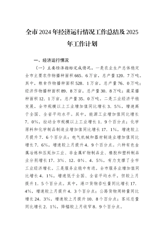 全市2024年经济运行情况工作总结及2025年工作计划