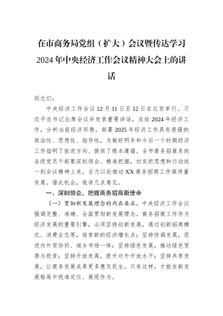 在市商务局党组（扩大）会议暨传达学习2024年中央经济工作会议精神大会上的讲话
