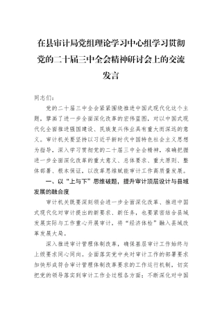 在县审计局党组理论学习中心组学习贯彻党的二十届三中全会精神研讨会上的交流发言