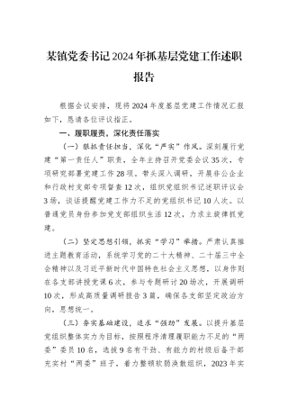 某镇党委书记2024年抓基层党建工作述职报告