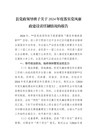 县党政领导班子关于2024年度落实党风廉政建设责任制情况的报告