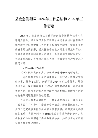 县应急管理局2024年工作总结和2025年工作思路