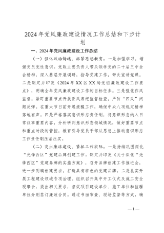 2024年党风廉政建设情况工作总结和下步计划