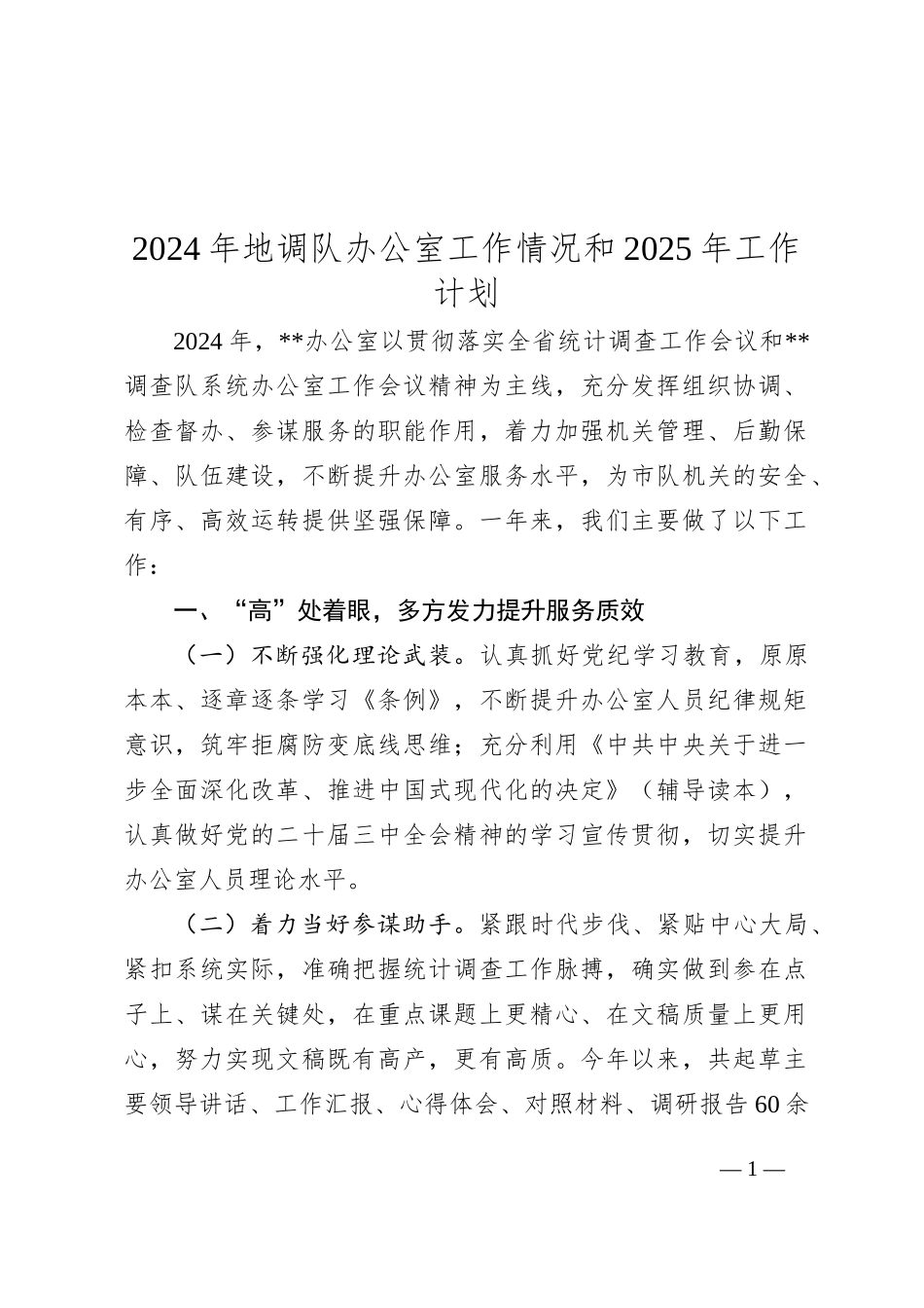 2024年地调队办公室工作情况和2025年工作计划_第1页