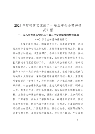 2024年贯彻落实党的二十届三中全会精神情况汇报