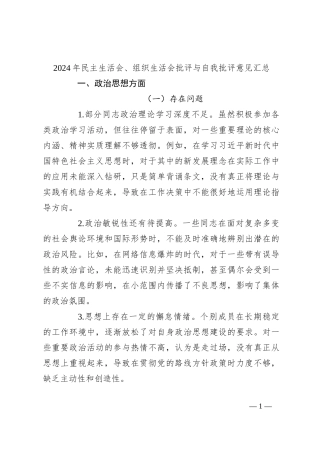 2024年民主生活会、组织生活会批评与自我批评意见汇总