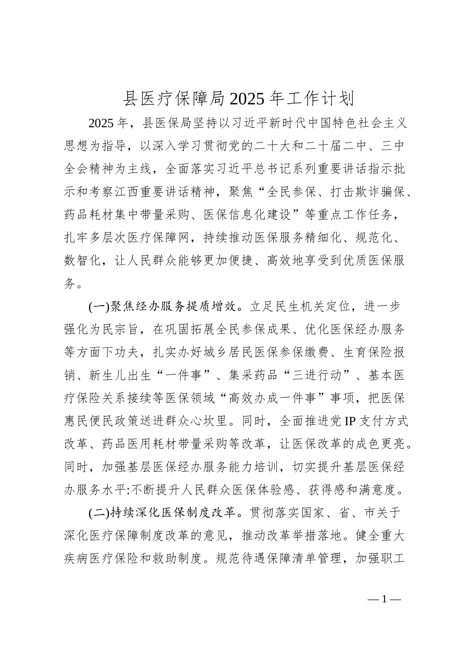 县医疗保障局2025年工作计划_第1页